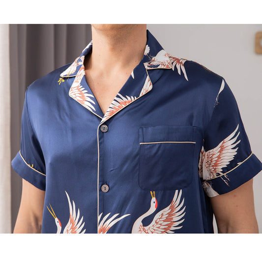 Mens Crane Print Silk Pajama Set 100% Mulberry Silk Sleepwear