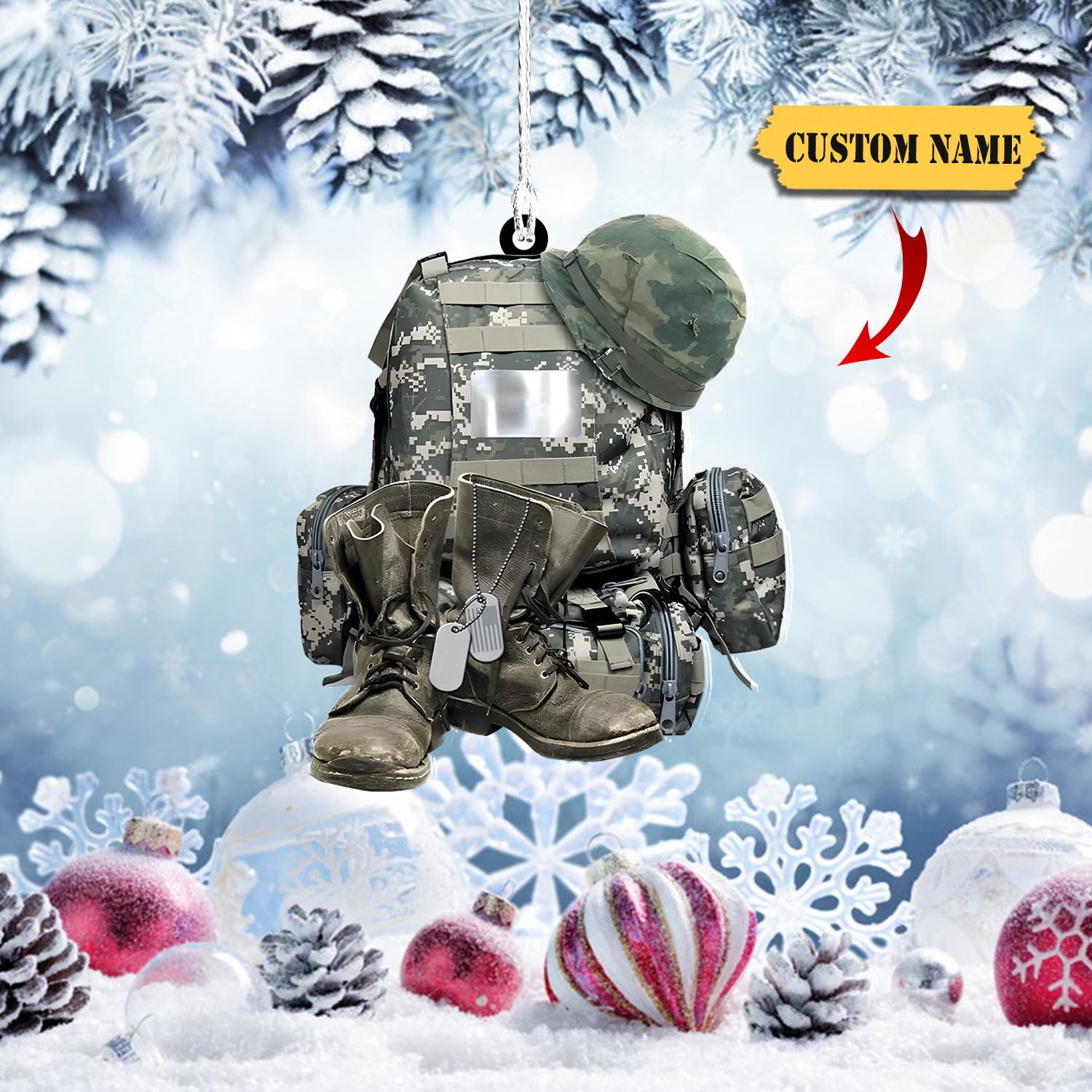 Military Uniform - Soldier Backpack, Boot & Hat - Personalized Ornament, Ornament For Him, Gift For Him, Ornament Christmas