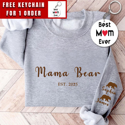 Custom Embroidered Mama Bear Est Sweatshirt with Kid Names, Funny Mother Day Gift for Mom, Personalized Name on Sleeve New Mom Gift