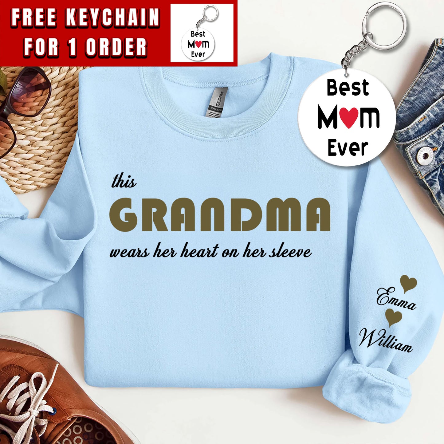 Custom This Grandma Wears Her Heart On Her Sleeve Sweatshirt Crewneck with Names On Sleeve Mommy Heart Hoodie Mother's Day Gift