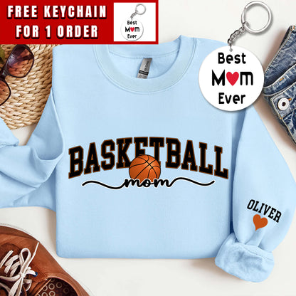 Basketball Mom Kids Name On Sleeve Sweatshirt, Basketball Mom Sweatshirt, Basketball Game Day, Basketball Team Shirt, Mama Basketball Season