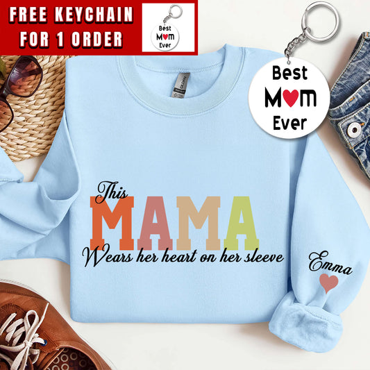 Custom This Mama Wears Her Heart On Her Sleeve Hoodie, Personalized Mom Sweatshirt With Kids Names, Cute Momma Outfit, Mothers Day Gifts