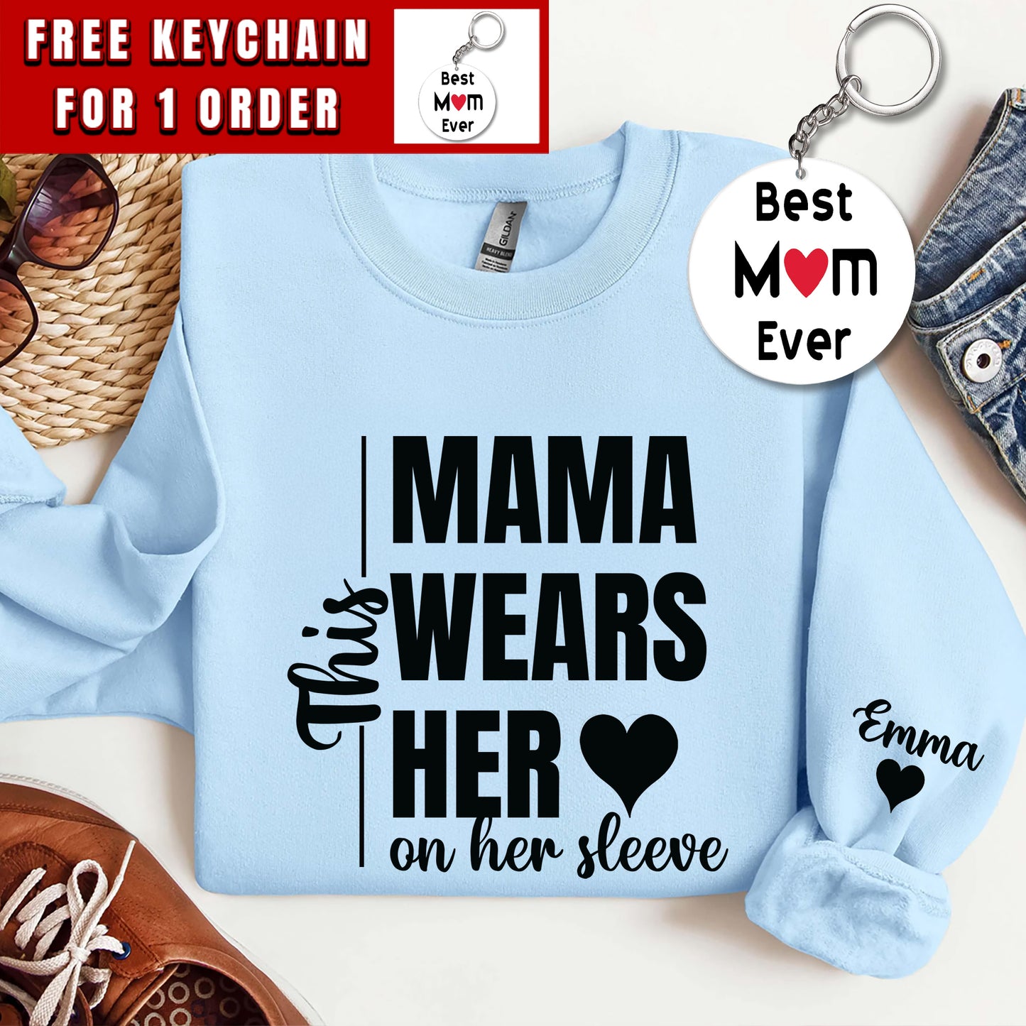 This Mama Wears Her Heart on Her Sleeve Sweatshirt, Mom Shirt, Gift for Mother's Day