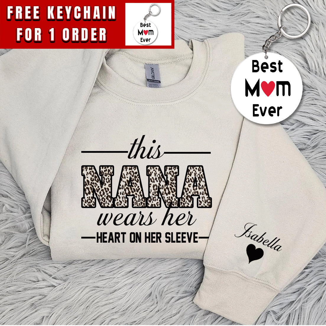 Custom Nana Sweatshirt, With Kids Name On Sleeve, Nana Sweater,Custom Grandma Gift,Nana Gift,This Nana Wears Her Heart On Her Sleeve Sweater
