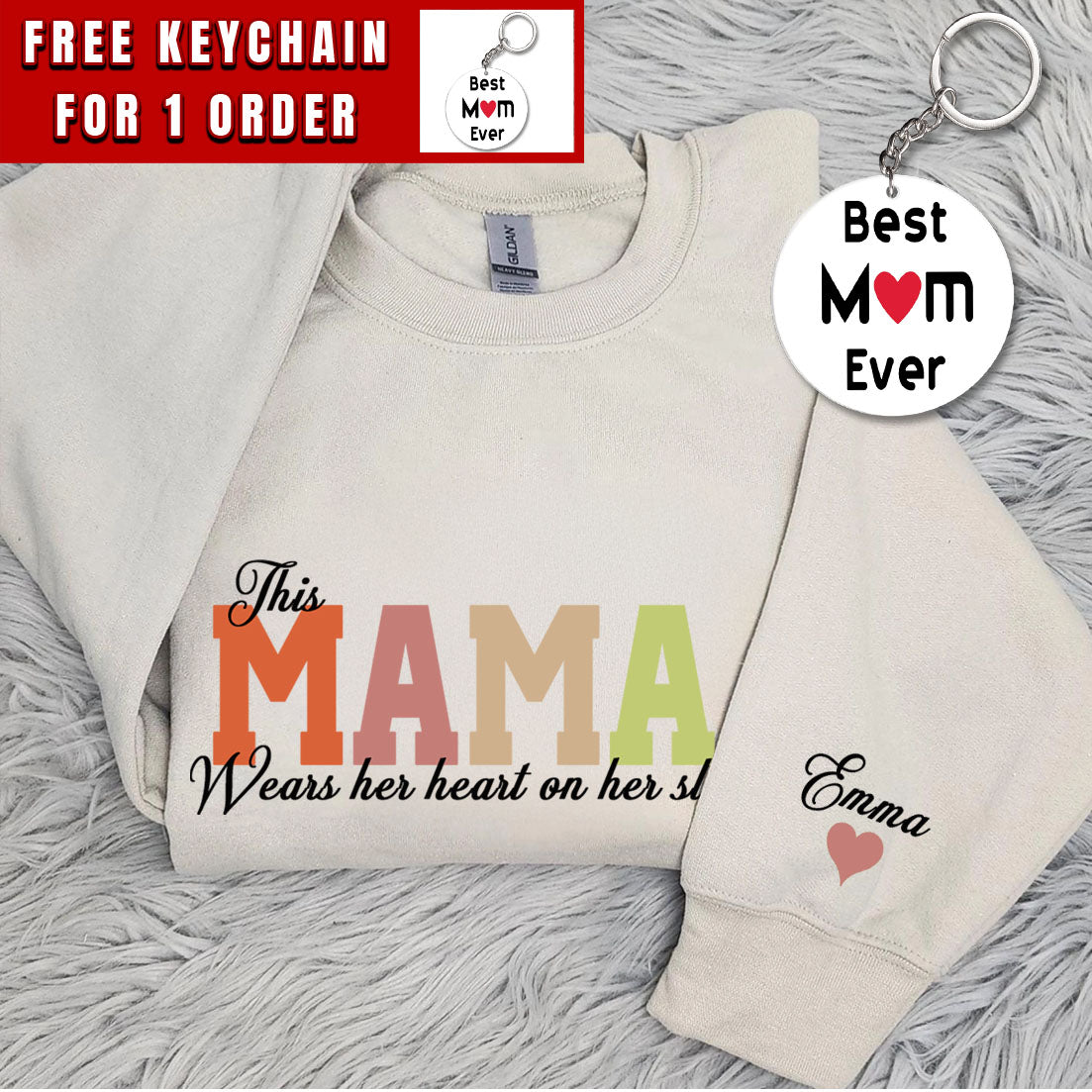 Custom This Mama Wears Her Heart On Her Sleeve Hoodie, Personalized Mom Sweatshirt With Kids Names, Cute Momma Outfit, Mothers Day Gifts