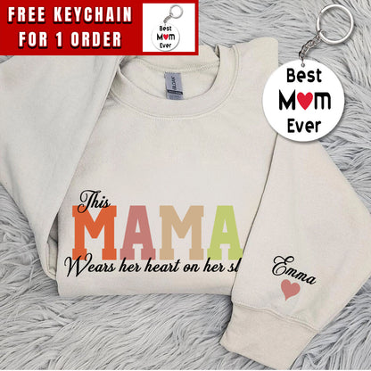 Custom This Mama Wears Her Heart On Her Sleeve Hoodie, Personalized Mom Sweatshirt With Kids Names, Cute Momma Outfit, Mothers Day Gifts