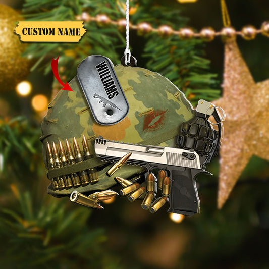 Personalized Army Helmet With Tag Hanging Ornament, Ornament For Him, Gift For Him, Ornament Christmas