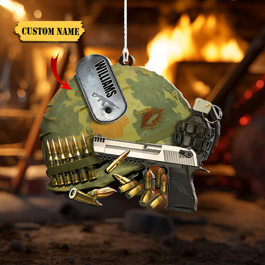 Personalized Army Helmet With Tag Hanging Ornament, Ornament For Him, Gift For Him, Ornament Christmas