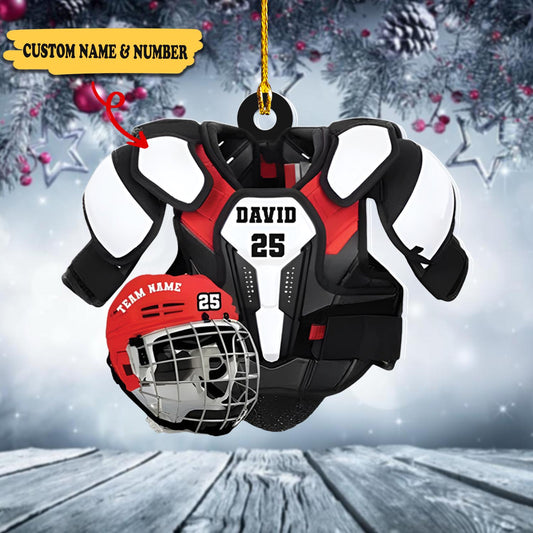 Personalized Hockey Helmet And Shoulder Pads Flat Acrylic Ornament - Gift For Hockey Players, Ornament Decoration, Ornament For Gift, Ornament Christmas