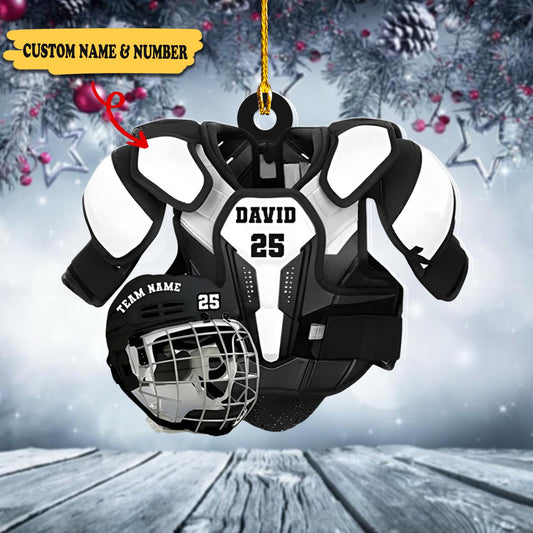 Personalized Hockey Helmet And Shoulder Pads Flat Acrylic Ornament - Gift For Hockey Players, Ornament Decoration, Ornament For Gift, Ornament Christmas