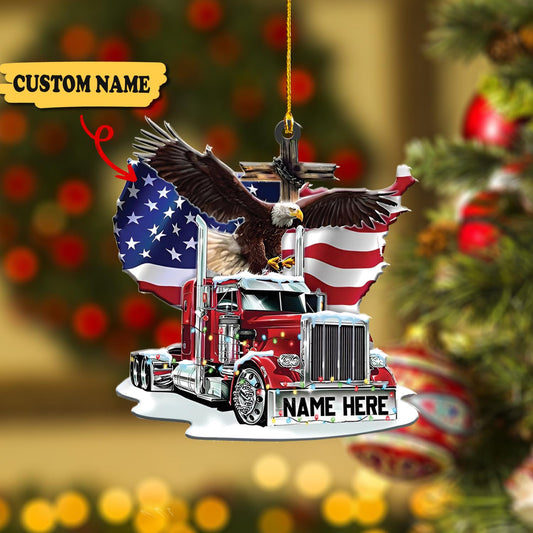 Personalized Trucker US Flag Christmas Shaped Ornament, Ornament Decoration, Ornament For Gift, Ornament Christmas