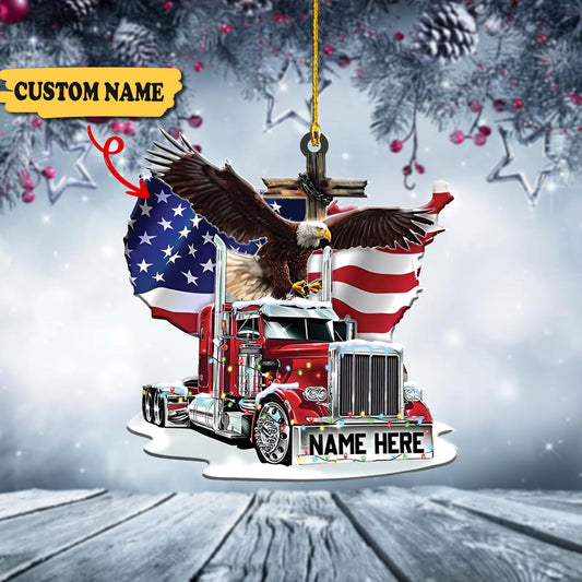 Personalized Trucker US Flag Christmas Shaped Ornament, Ornament Decoration, Ornament For Gift, Ornament Christmas