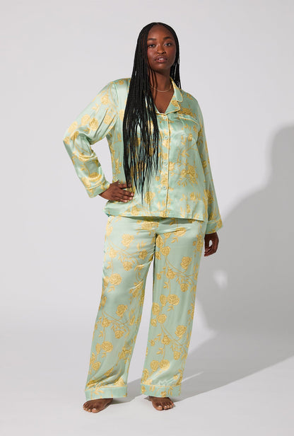 Royal Roses Long Sleeve Classic Woven Washable Silk Satin PJ Set
