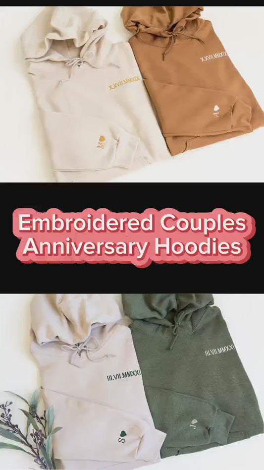 Custom Embroidered Roman Numeral Hoodie - Couples Gift - Personalized Gift Date Hoodie Initial on Sleeve - Engagements, 1st Anniversary gift