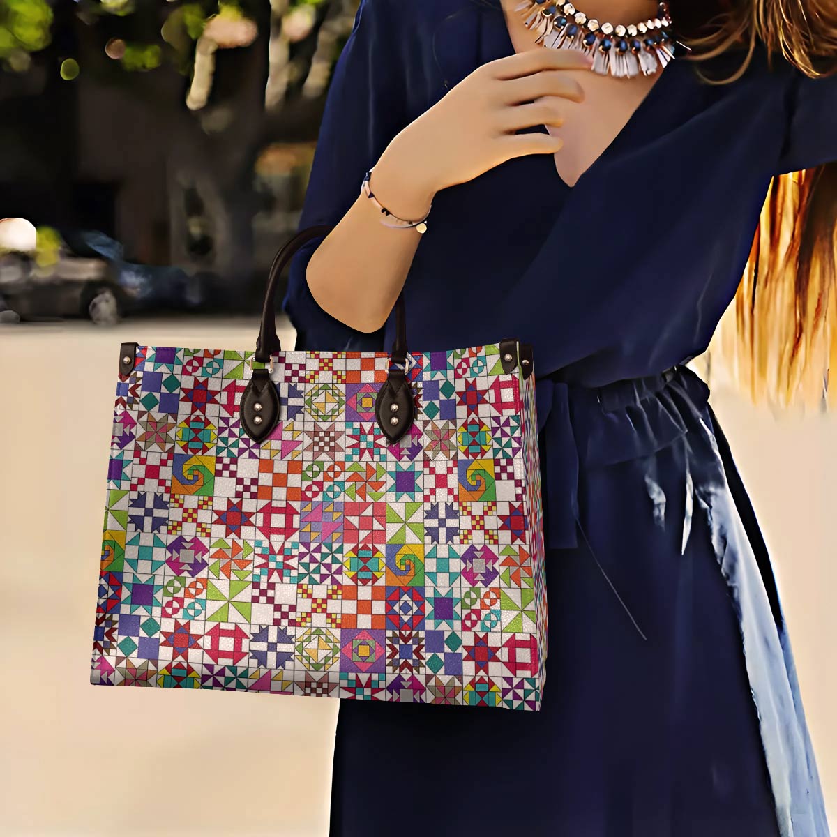 Leather Bag Colorful Quilting Blocks