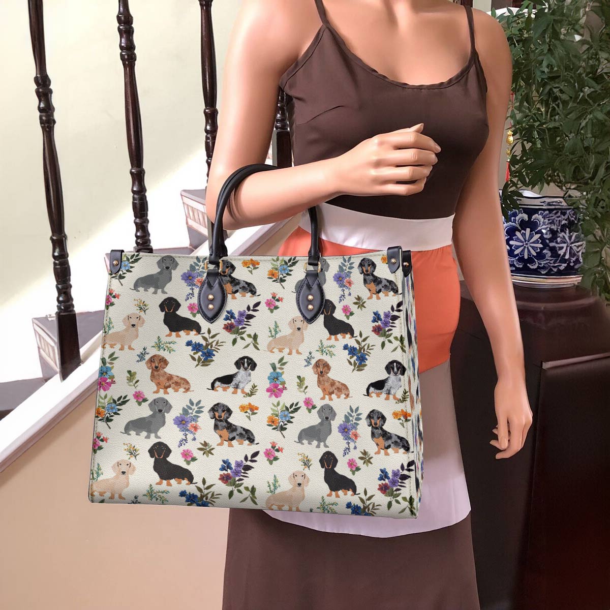 Leather Bag Charming Floral Dachshunds
