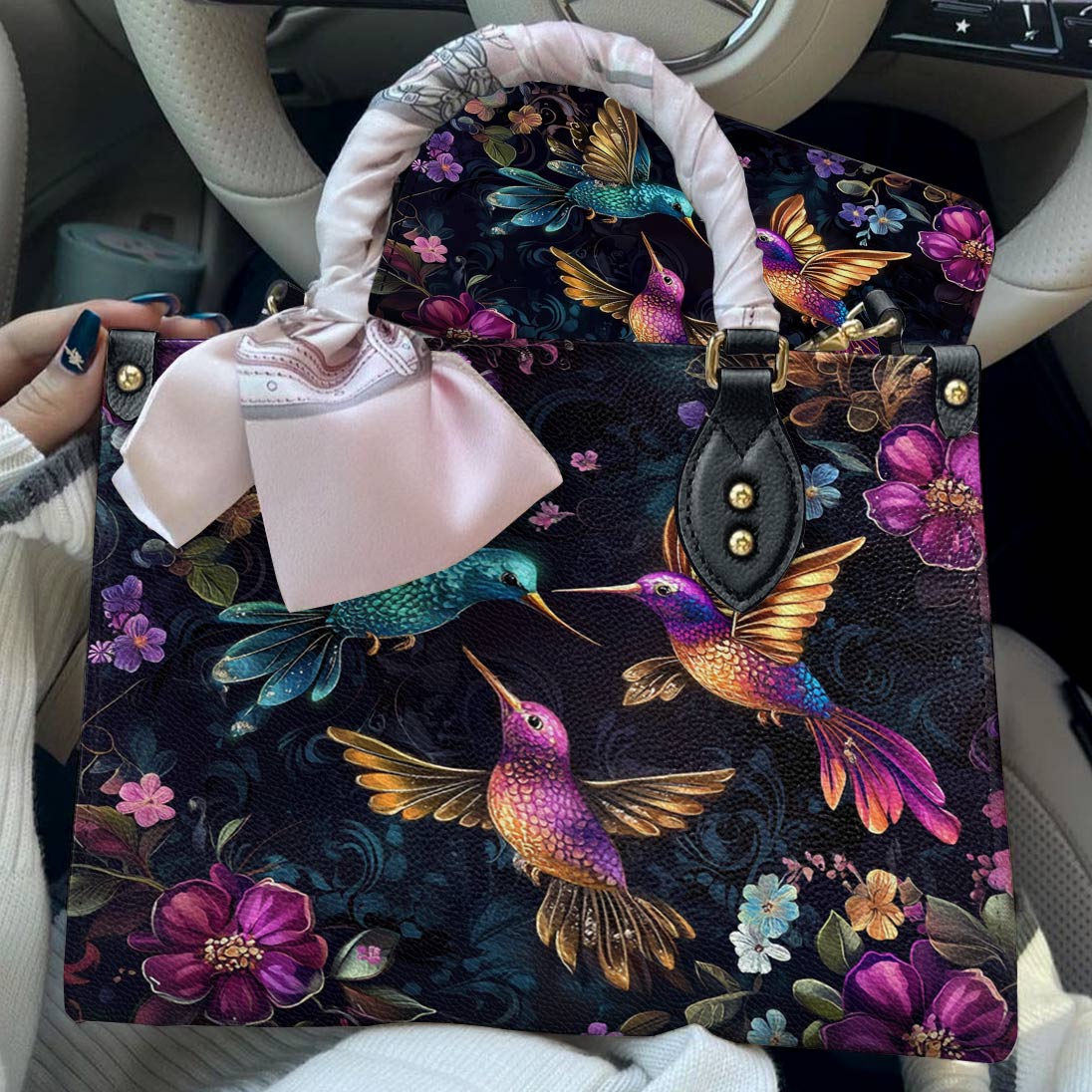 Hummingbird Leather Bag Twilight Blooms