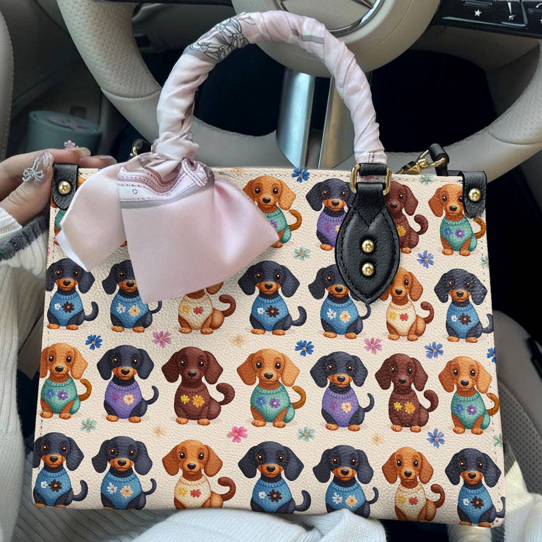 Leather Bag Dachshund Sweater Delight