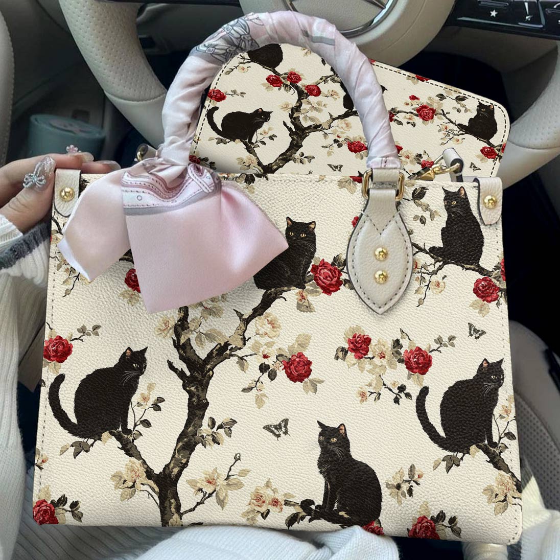 Black Cat Leather Bag Roses Love