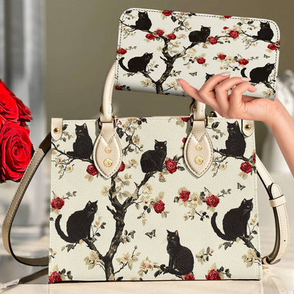 Black Cat Leather Bag Roses Love