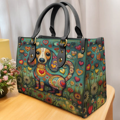 Whimsical Dachshund Leather Bag Heart & Floral