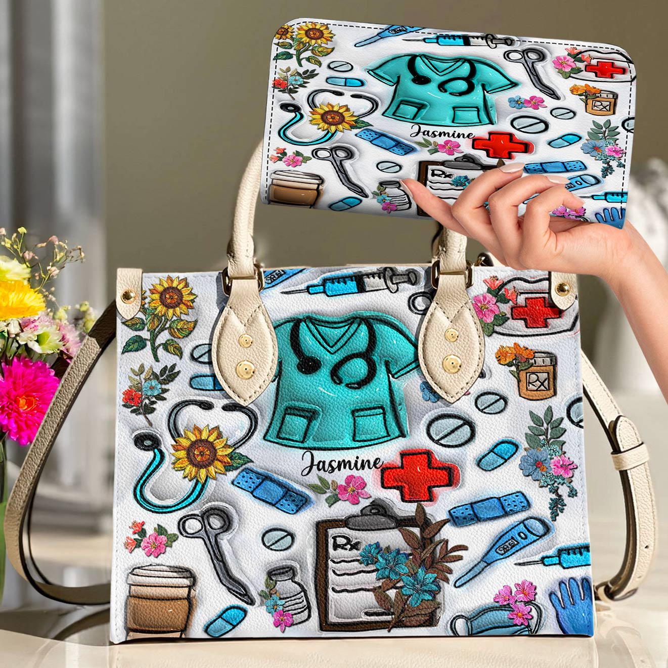 Lorva Personalized Leather Bag Floral Puffy Nurse