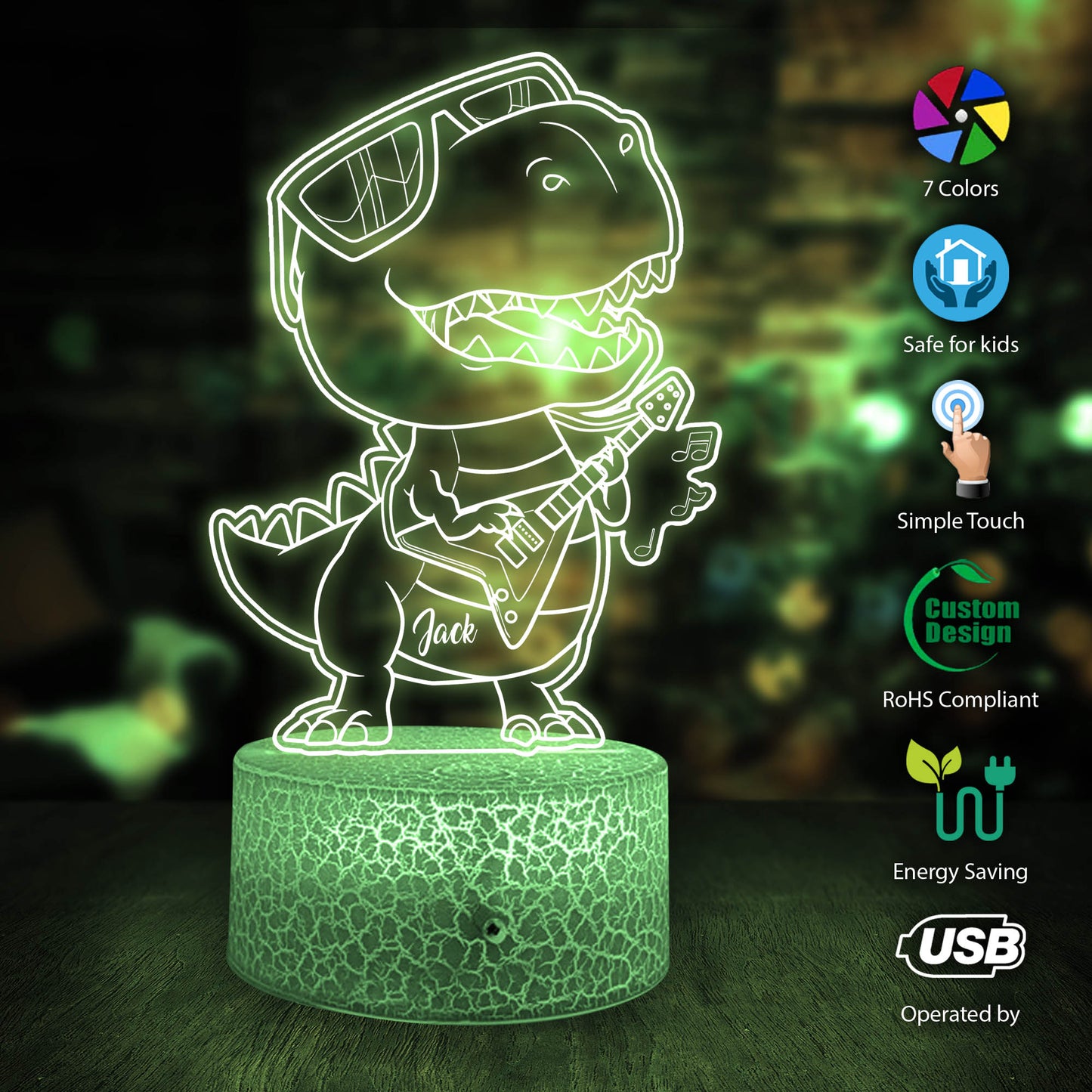 Personalized Cool Dinosaur Nigh Light, Custom dinosaur night light, Kids acrylic night light, bedroom decor, Dinosaur LED Night Light