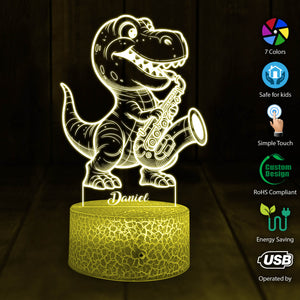 Personalized Dinosaur Saxophone LED Night Light, Custom T-Rex Saxophone Night Light, Dragon LED Night Light, Kids Bedroom Decor, Gift Decor