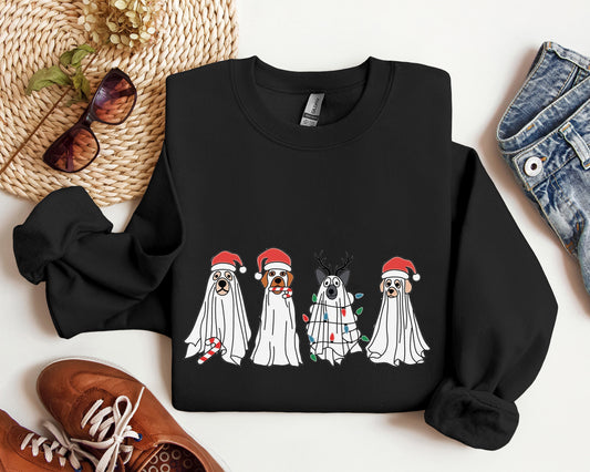 Ghost Dog With Santa Claus Hat Sweatshirt, Christmas Spooky Sweatshirt, Dog Ghost T-shirt, Sweatshirt Christmas, Christmas For Gift