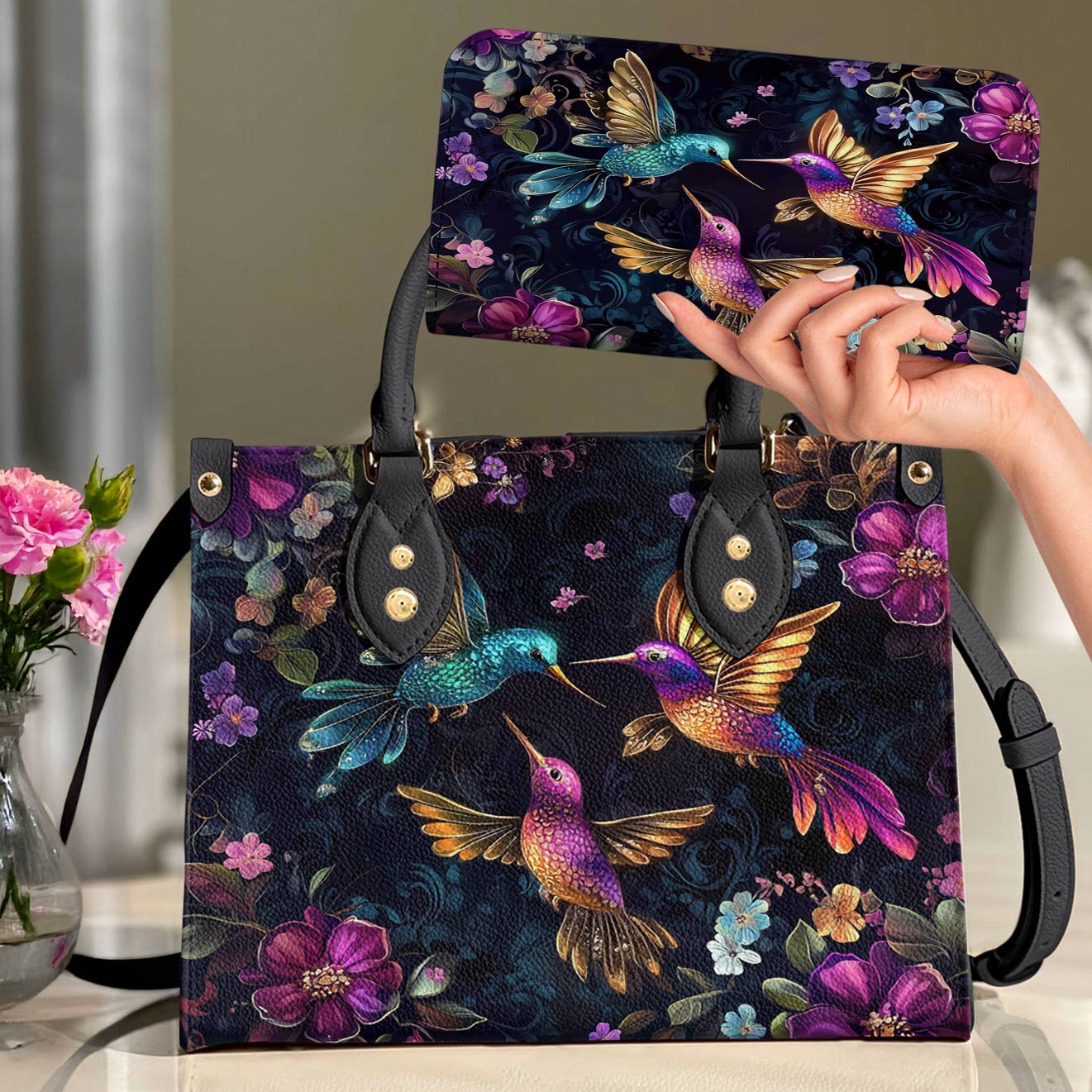 Hummingbird Leather Bag Twilight Blooms