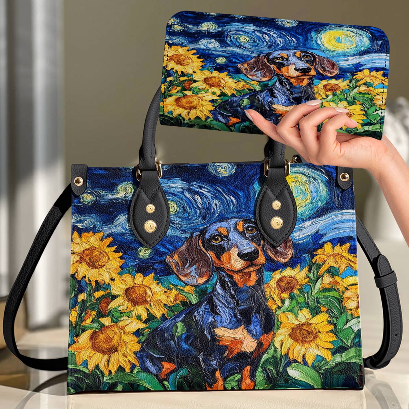 Leather Bag Sunflowers & Starry Sky Dachshund