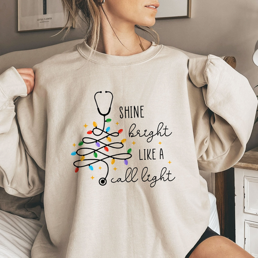 Funny Nurse Christmas Shirt, Nurse Christmas Gifts, RN Christmas Sweatshirt, Christmas Long Sleeve, Shine Bright Like A Call Light