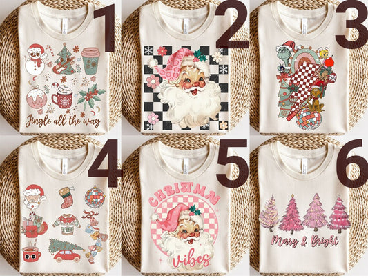 Retro Christmas Sweater Christmas, Christmas Tree Sweatshirt, Pink Santa T-shirt, Pink Christmas Tree T-shirt, Pink Christmas For Gift