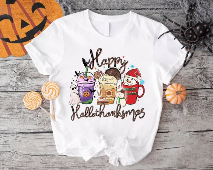 Hallothanksmas Coffee Shirt, Happy Hallothanksmas T-shirts, Funny Holiday Shirt, Family Matching Shirt, Happy Christmas Coffee Woman Shirt