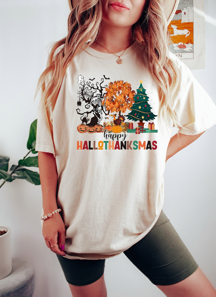 Happy Hallothanksmas Shirt,Halloween Shirt,Thanksgiving Shirt,Christmas Shirt,Winter Clothing,Cute Halloween ,Hallothanksmas