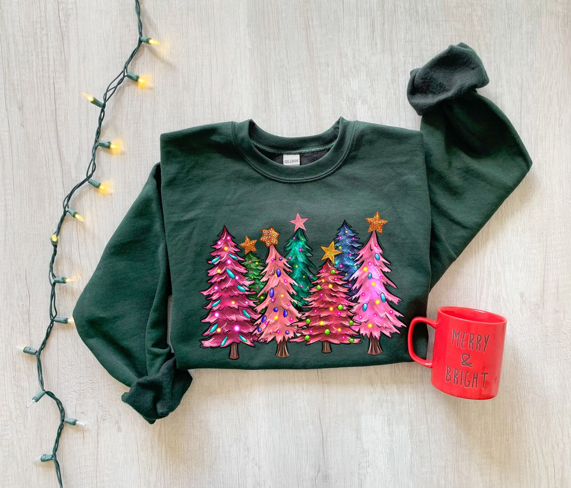 Pink Tree Christmas Sweater, Christmas Sweater, Christmas Crewneck, Christmas Tree Sweatshirt, Holiday Sweaters for Women, Winter Sweatshirt