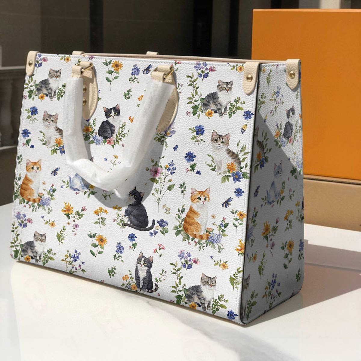 Cat Leather Bag Sweet Floral Cats