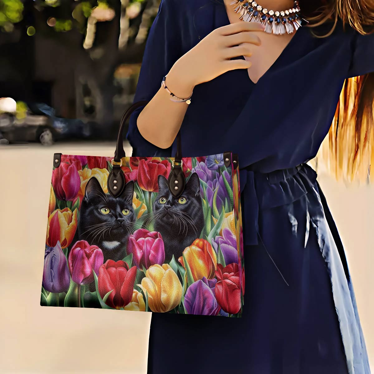 Leather Bag Enchanted Black Cats In The Tulip Garden