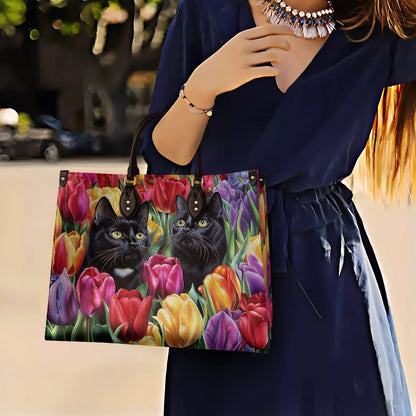 Leather Bag Enchanted Black Cats In The Tulip Garden