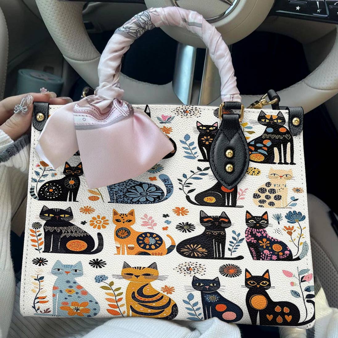 Leather Bag Whimsical Whiskers In Bloom