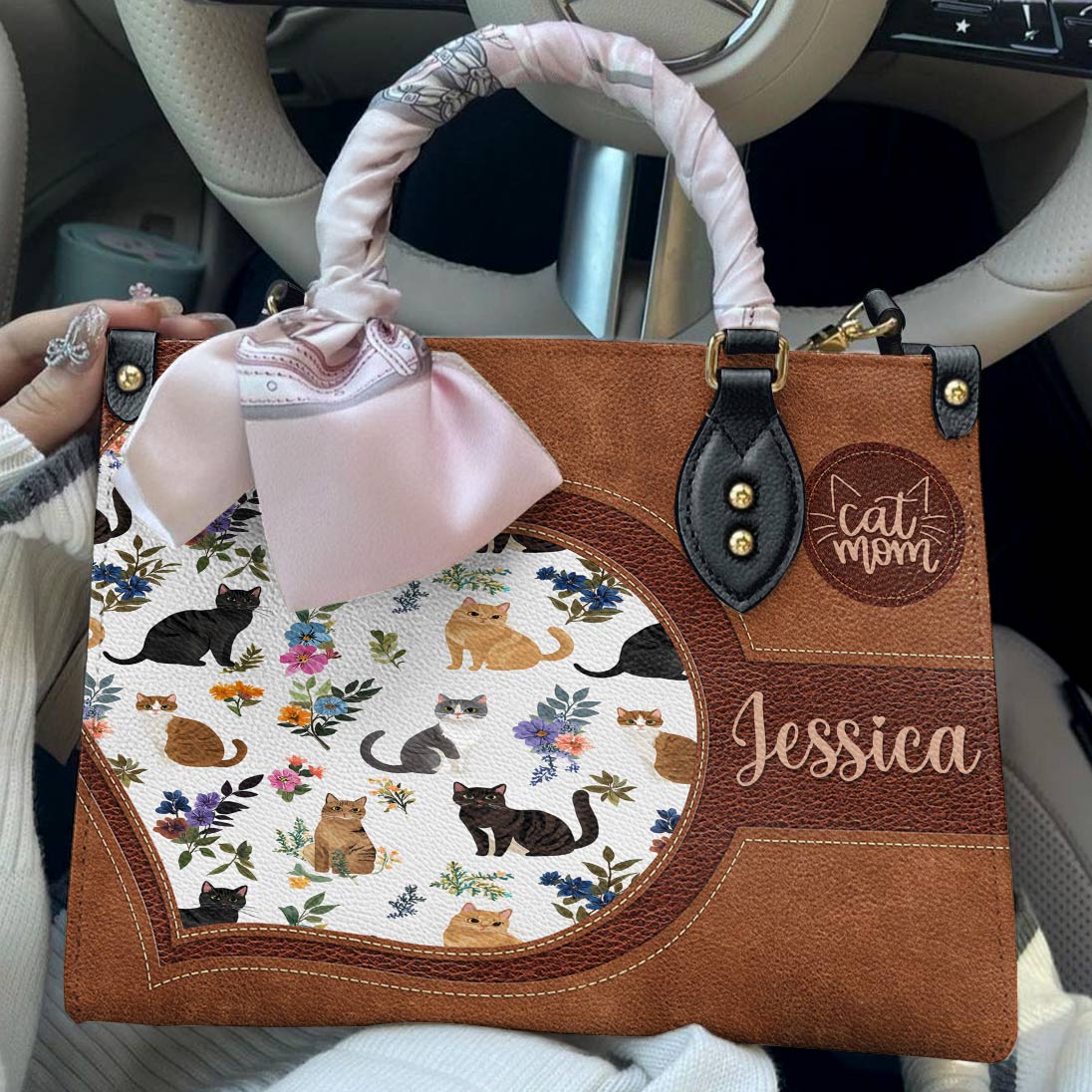 Lorva Personalized Leather Bag Heart Catmom