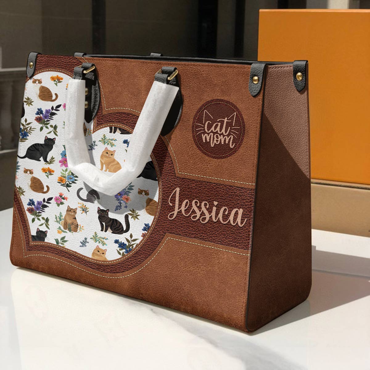 Lorva Personalized Leather Bag Heart Catmom