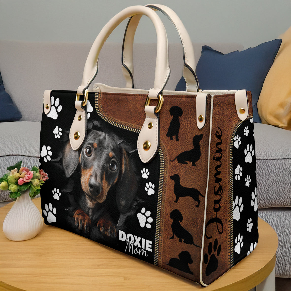 Lorva Personalized Leather Bag Doxie Mom