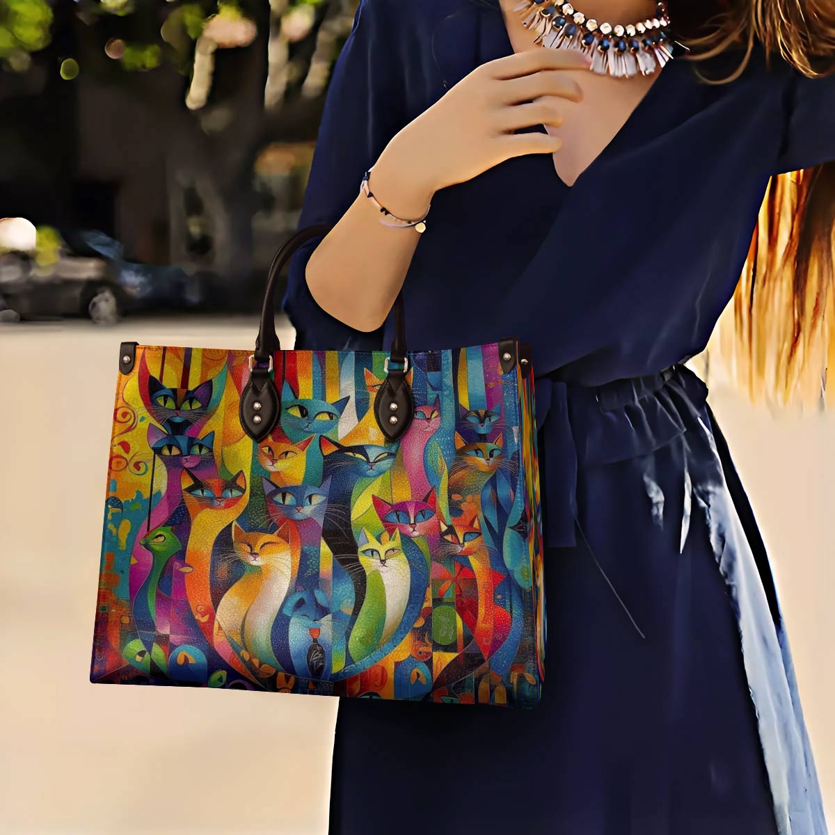 Cat Leather Bag Rainbow Geometric
