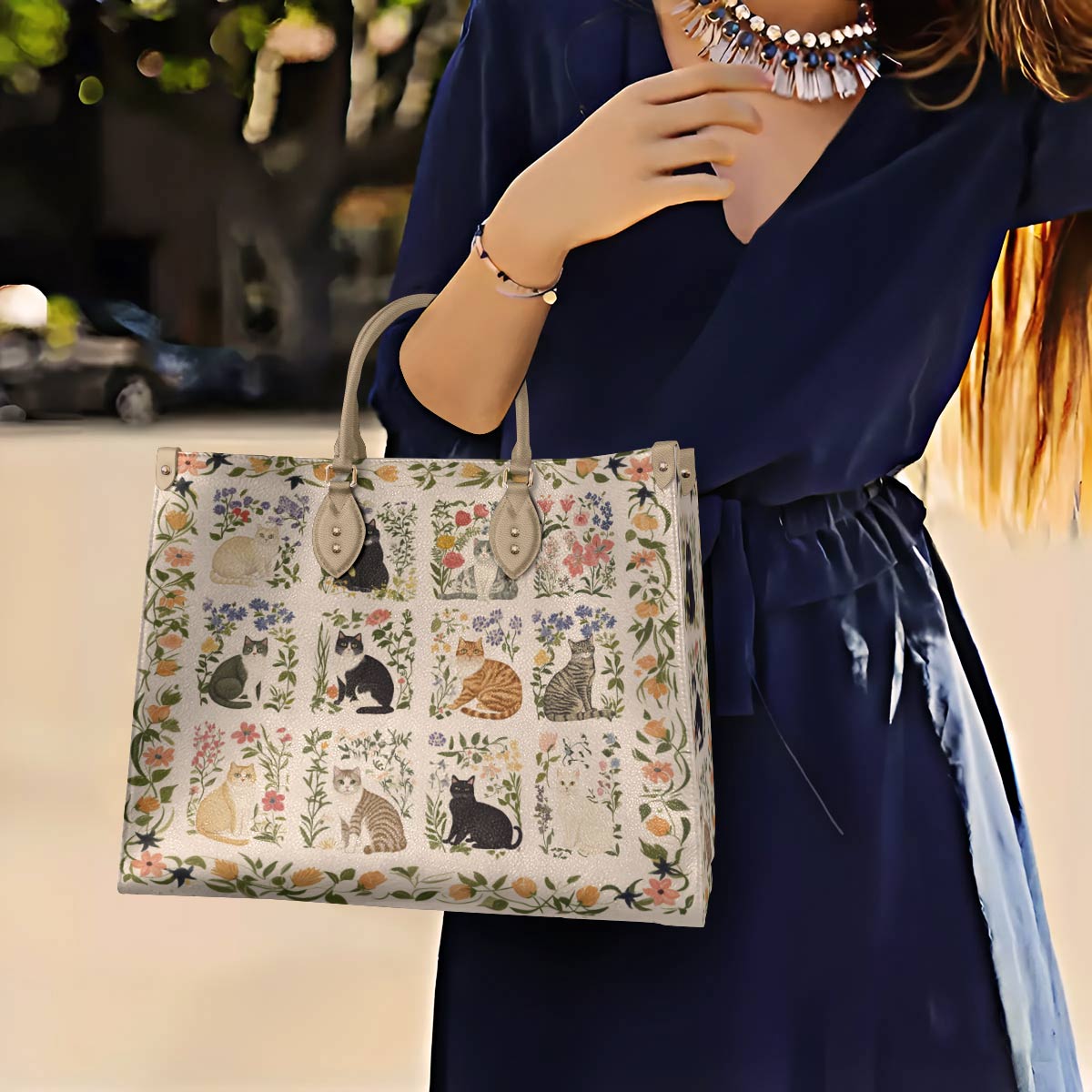 Leather Bag Elegent Floral Cats