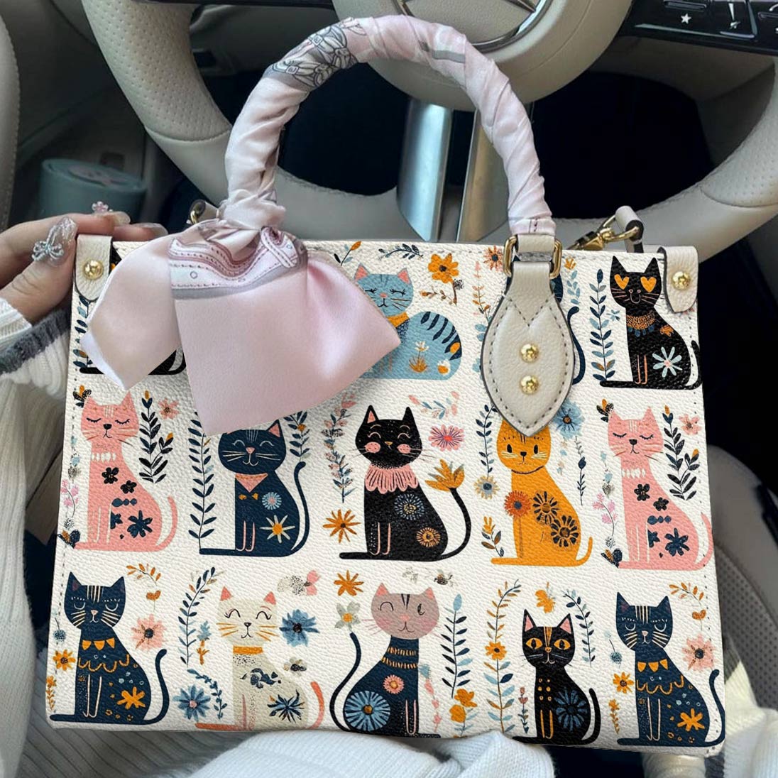 Leather Bag Midnight Meows And Morning Blooms