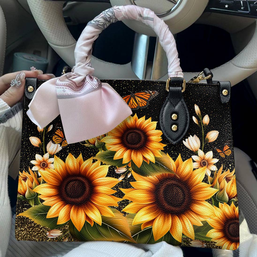 Leather Bag Golden Sunflower with Monarch Charm