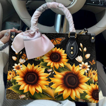 Leather Bag Golden Sunflower with Monarch Charm