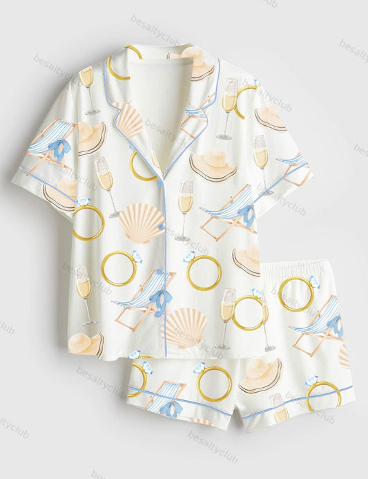 Last Toast On The Coast Bachelorette Summer Beach Print Short Sleeve Satin Pajama Set