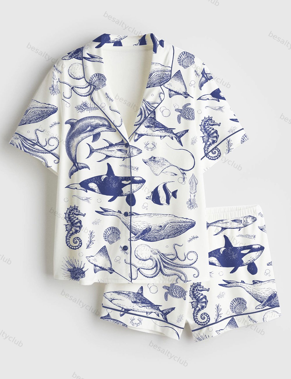 Ocean Nature Vintage 90s Tattoo Sea Animal Print Short Sleeve Satin Pajama Set